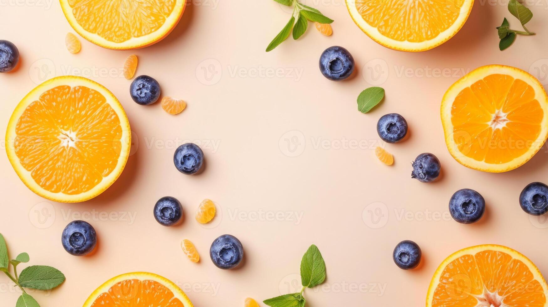 AI generated Orange fruits and blueberry top view, summer background, free space photo