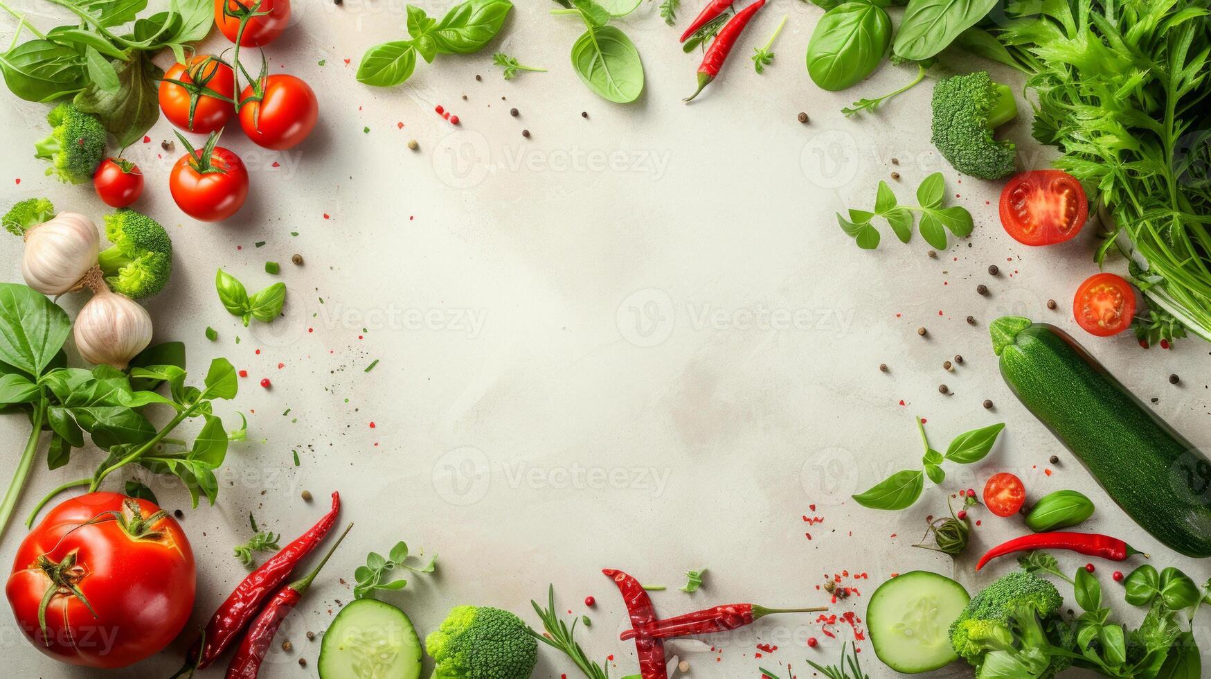 AI generated Healthy food products top view, food background, free space photo