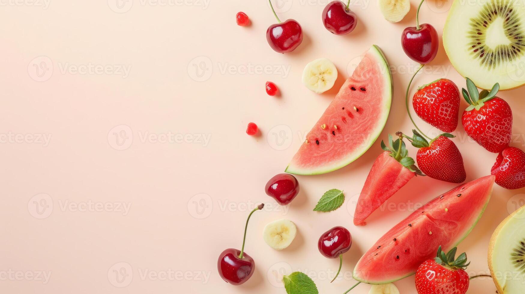 AI generated Summer fruits top view, fruits background, free space photo
