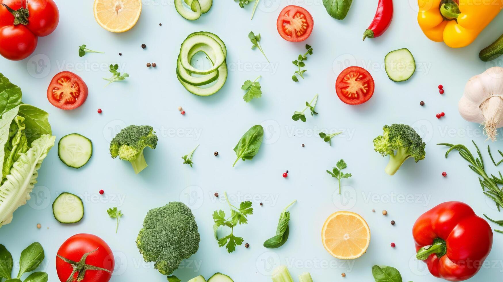 AI generated Healthy food products top view, food background, free space photo