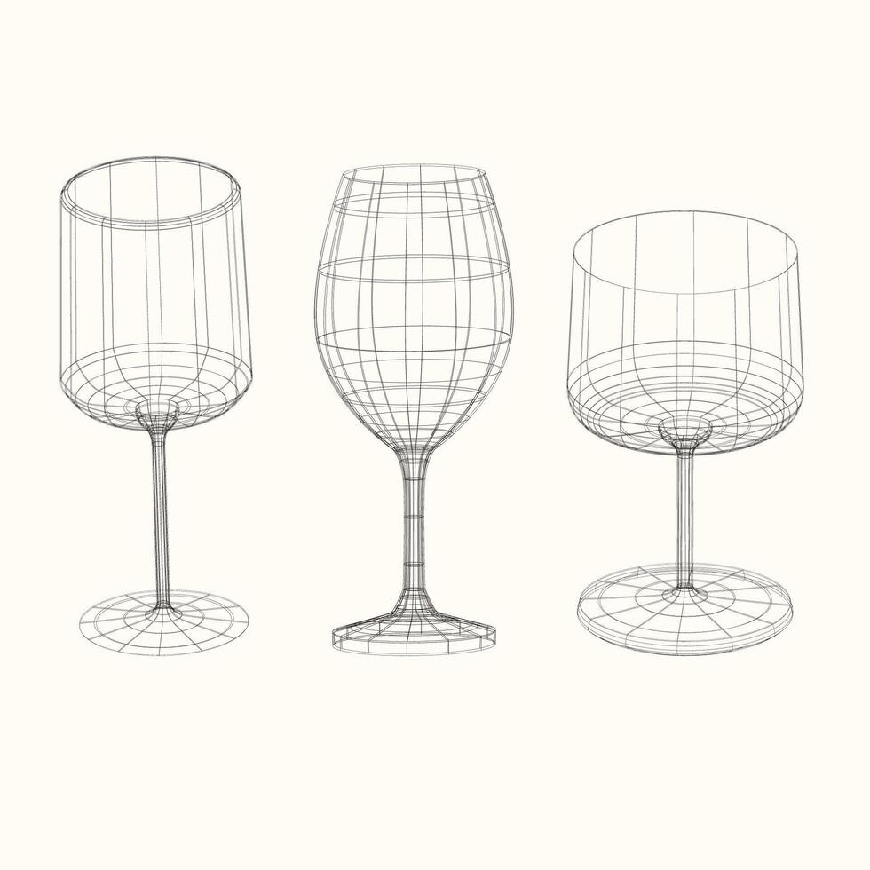 Glasses for wine and other drinks in wireframe style line drawing. Collection of glasses in vintage style. Vector illustration. Drawing of a glass