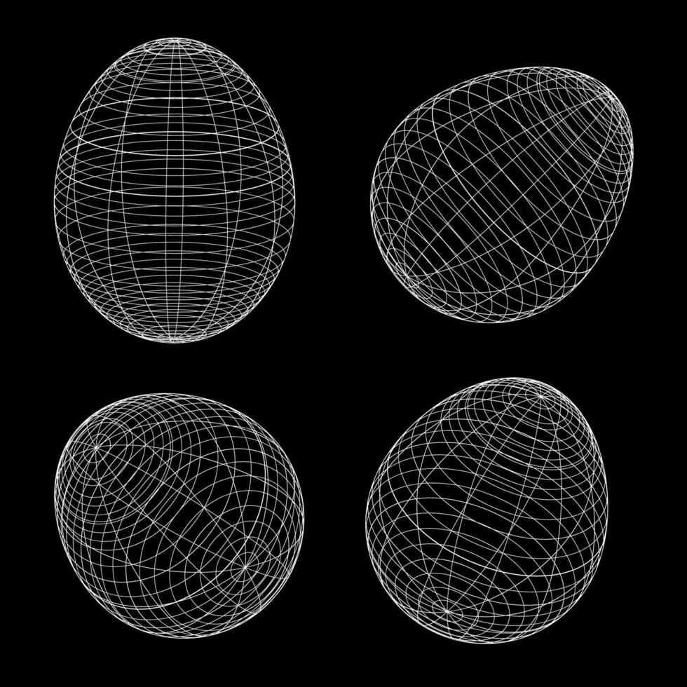 Wireframe egg shape set in different positions, Easter eggs with wireframe line style 3D shape.Vector black and white illustration. vector