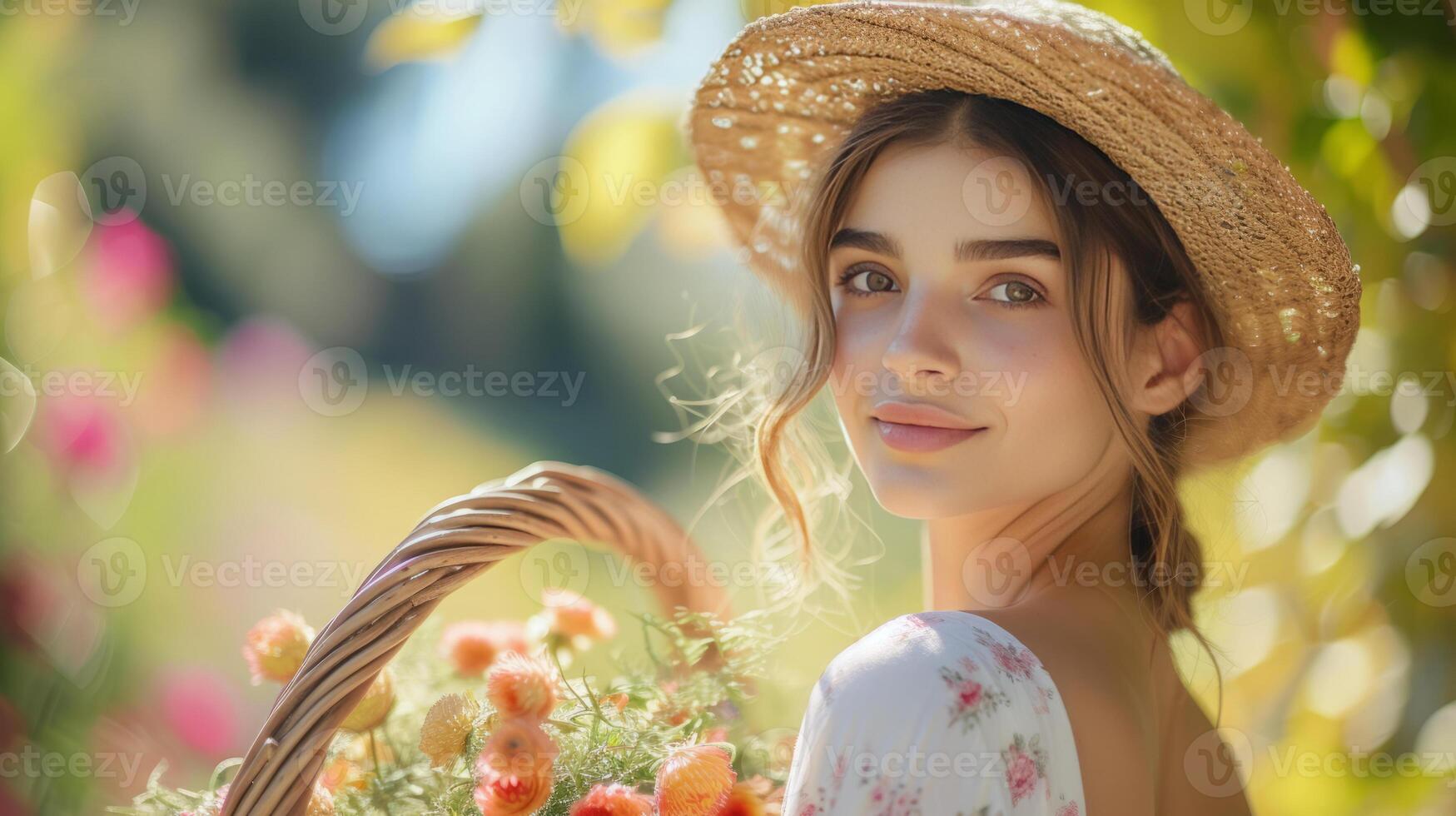 AI generated a girl with a basket of fruit in her arms photo