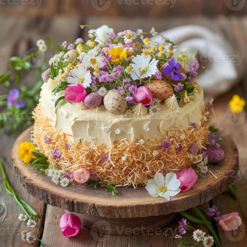 AI generated Easter cake and flowers, holiday Easter photo