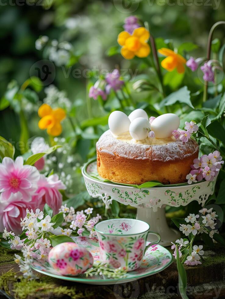 AI generated Easter cake and flowers, holiday Easter photo
