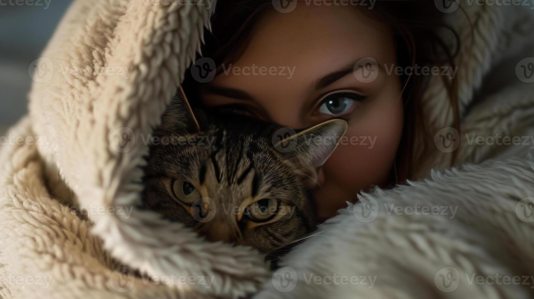 AI generated a beautiful girl sleeping with her cat photo