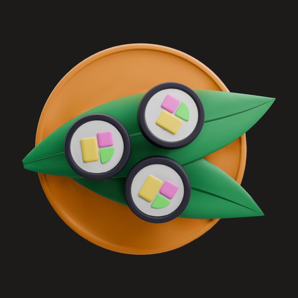 Stylized 3D render Sushi rolls with a leafs on a brown wooden plate in cartoon style on a black background. Vector illustration for design posters, social media of shopping, selling and more designs