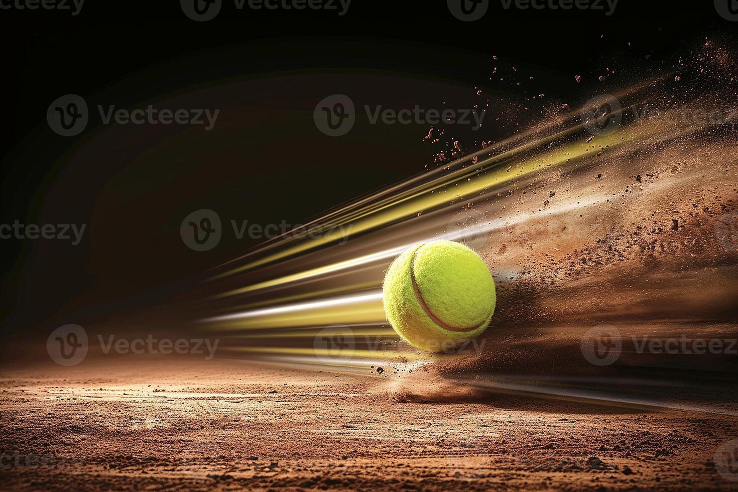 ai generado dinámica imagen de un tenis pelota en movimiento en arcilla Corte foto