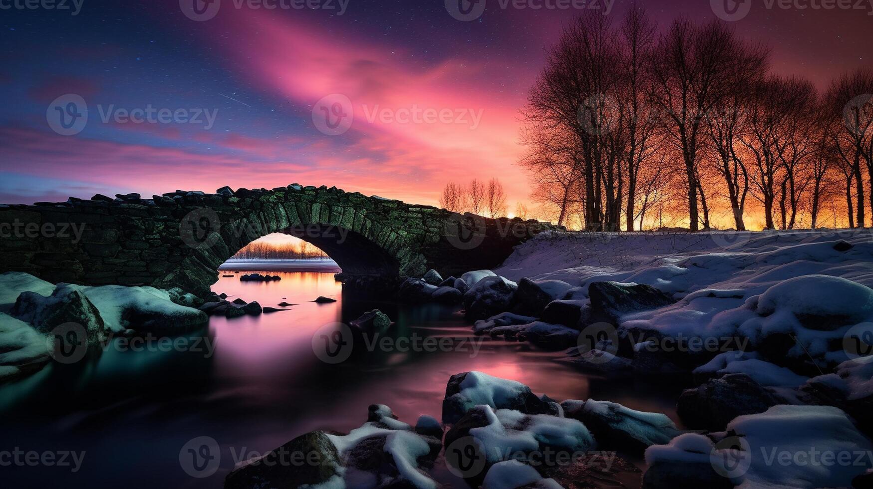 AI generated Enigmatic Nighttime Landscape with Snow-Covered Bridge photo