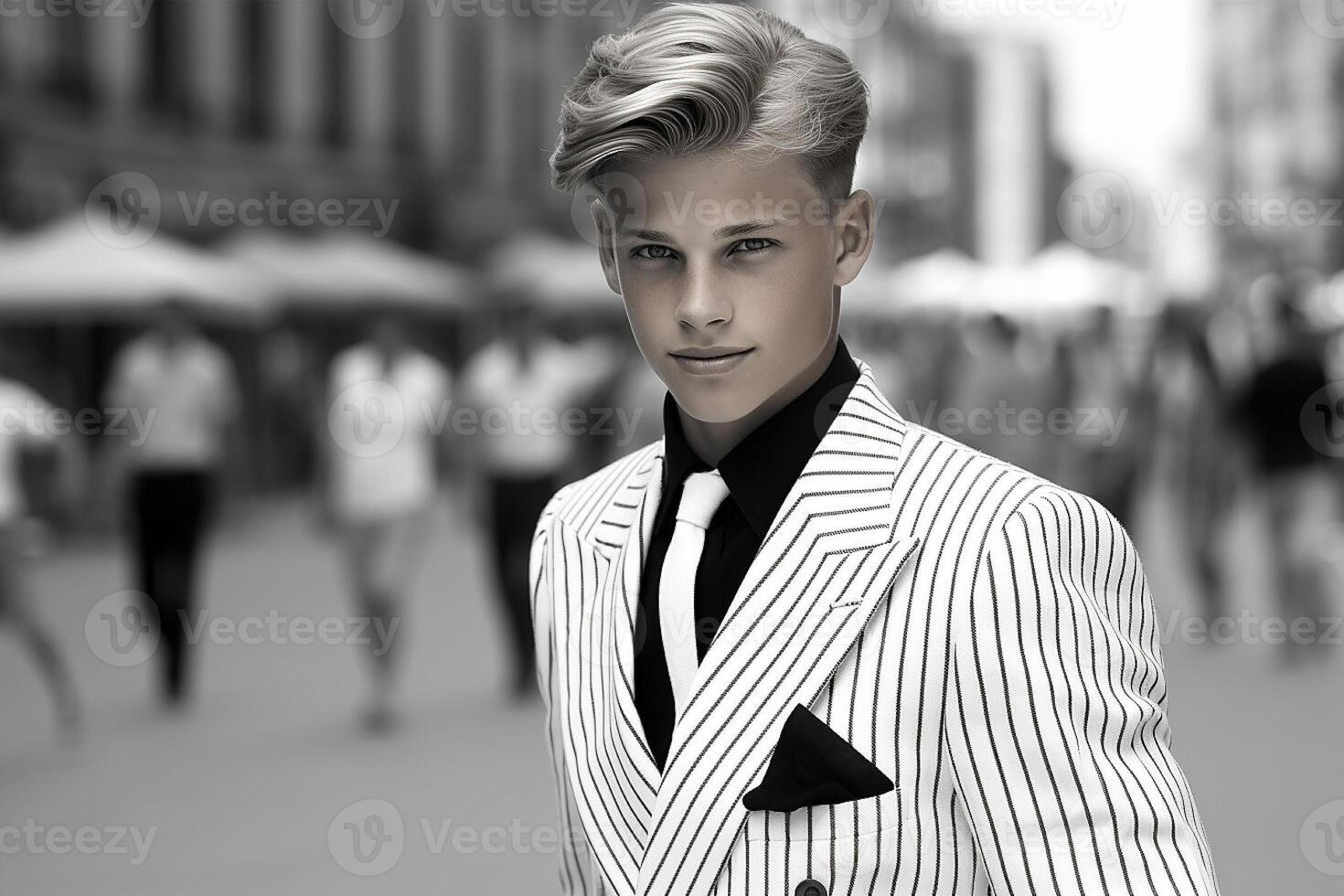 AI generated Striking Monochrome Portrait of a Young Man in a Pinstripe Suit photo