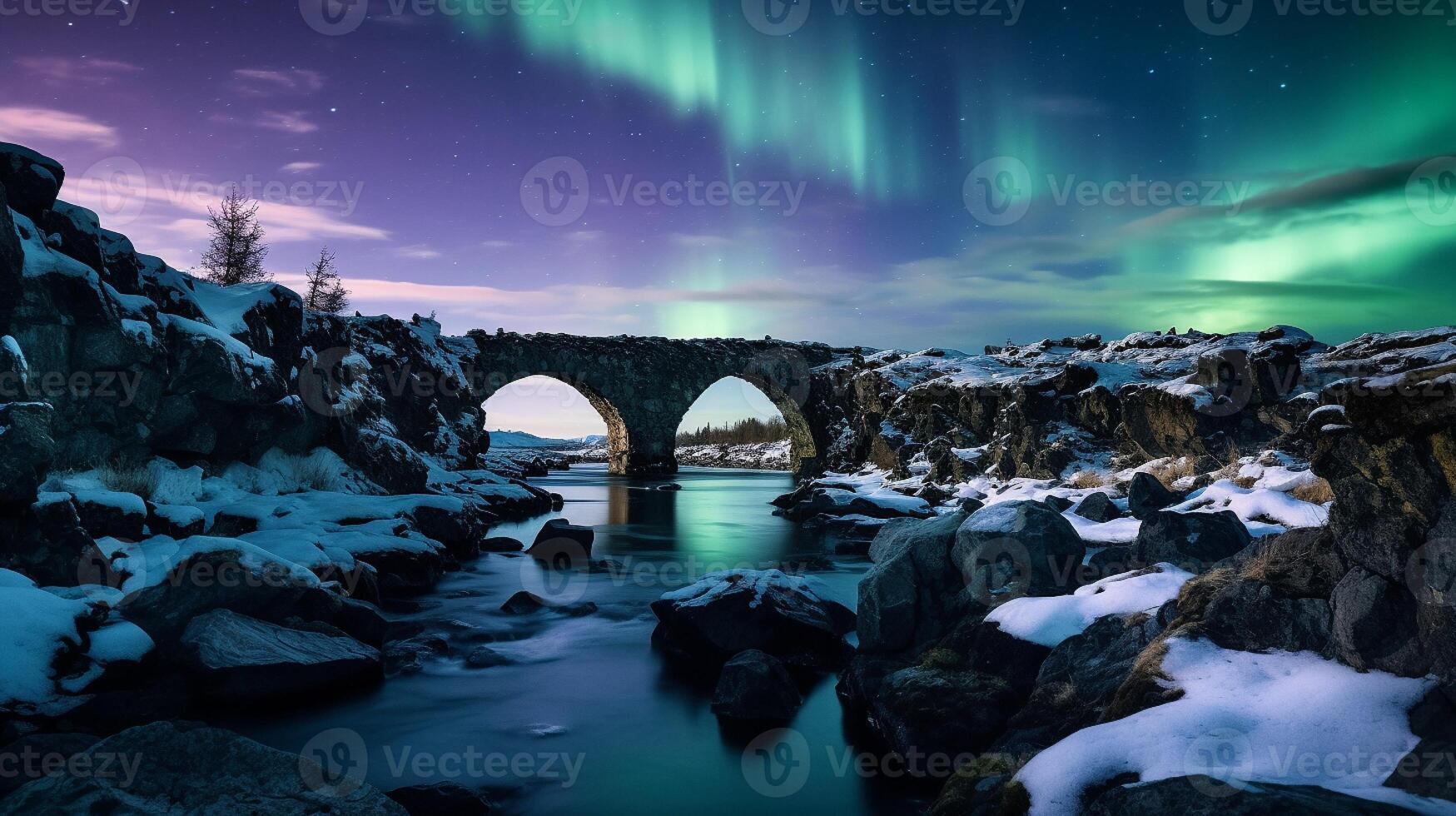 AI generated Enchanting Night View of an Ancient Stone Bridge under the Northern Lights photo