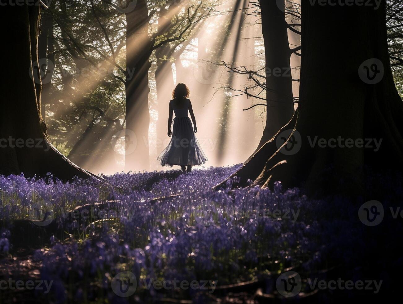 AI generated Ethereal Forest Scene with Woman Amongst Bluebells photo