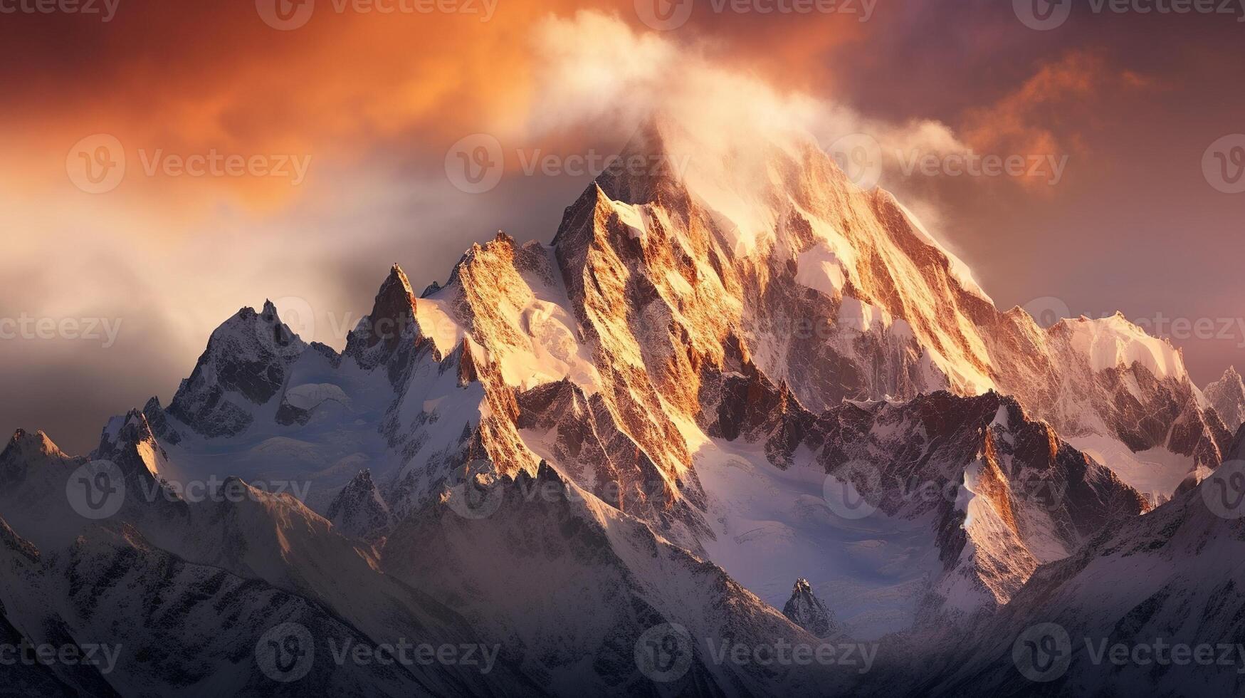 AI generated Majestic Mountain Peaks Bathed in Golden Light photo