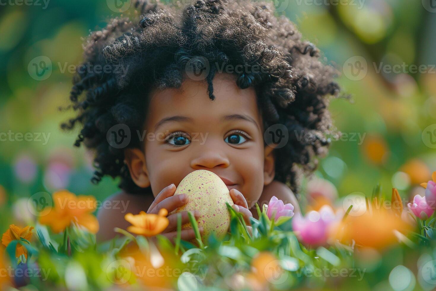 AI generated Child with Curly Hair Playing Easter Egg Hunt photo