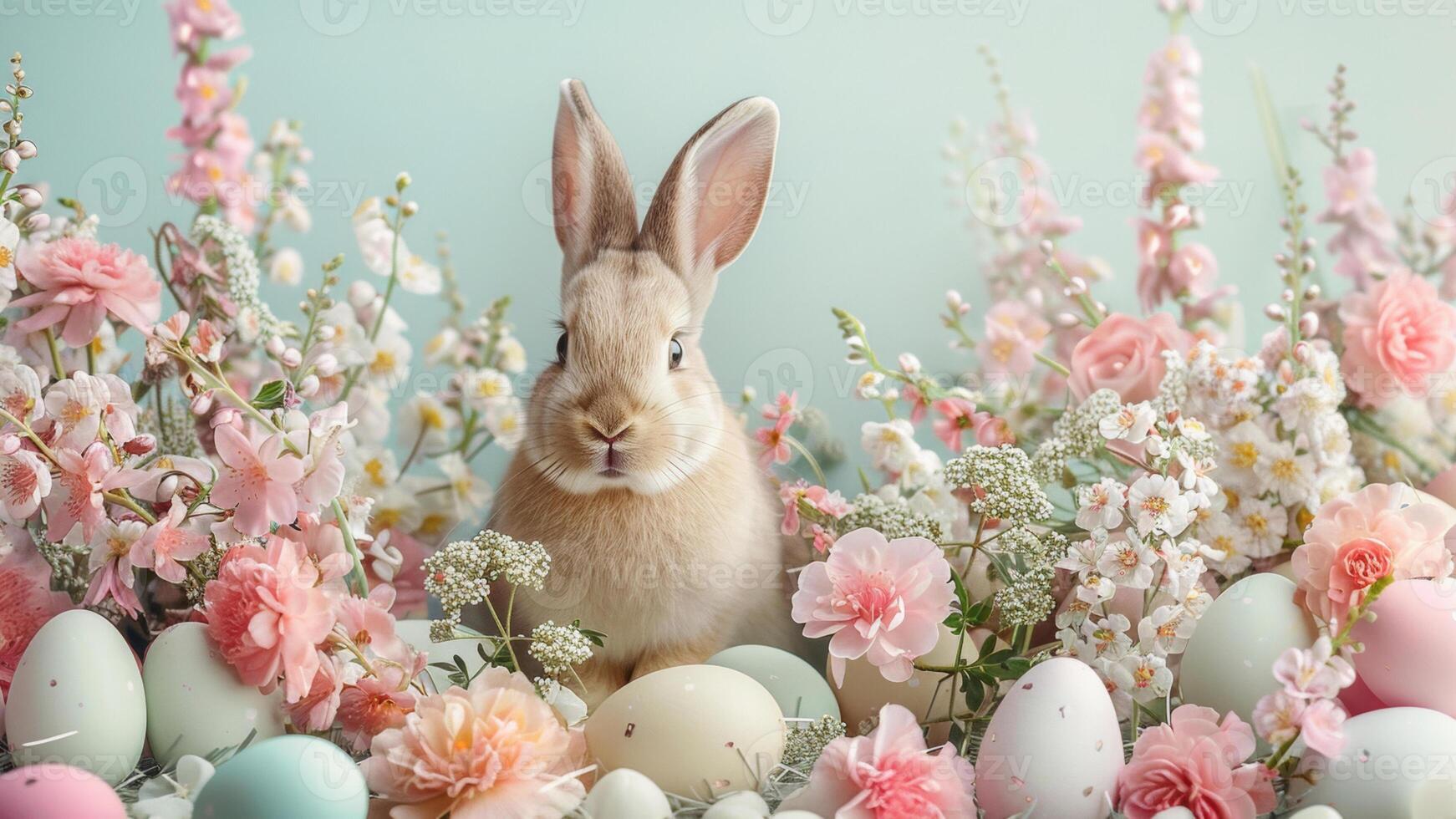 AI generated Springtime Easter Bunny Among Flowers and Eggs photo