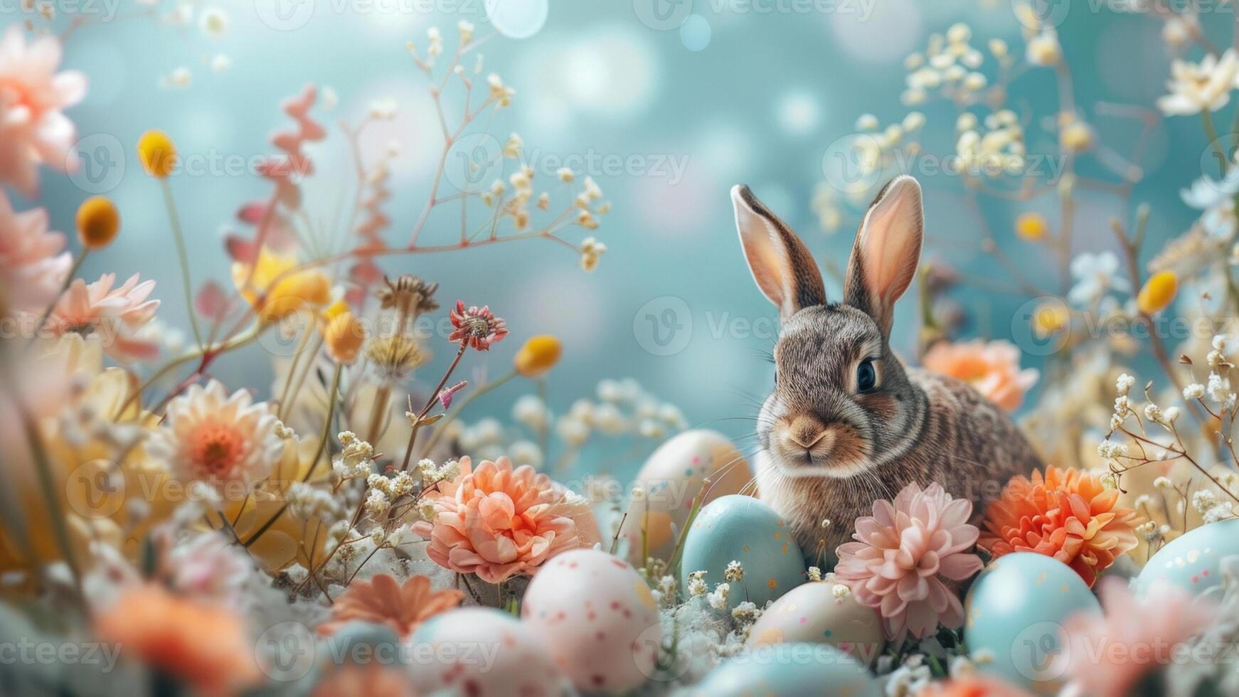 AI generated Easter Bunny Hiding Among Spring Flowers and Eggs photo