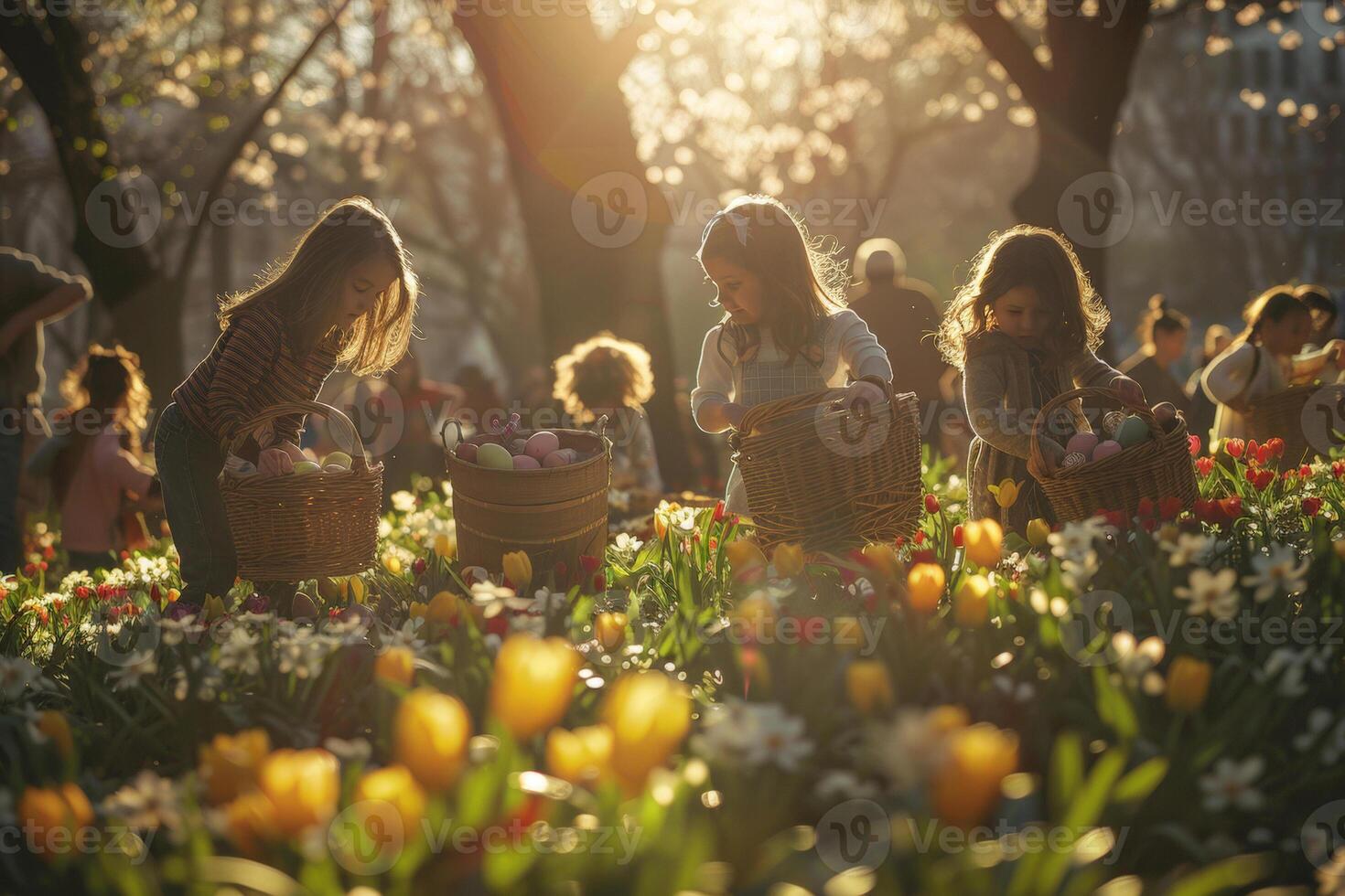 ai generado niños disfrutando Pascua de Resurrección huevo cazar a puesta de sol foto