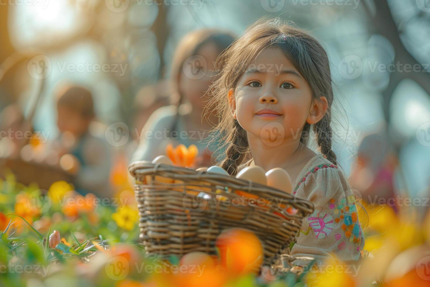 AI generated Girl with Easter Egg Basket in Flower Field photo