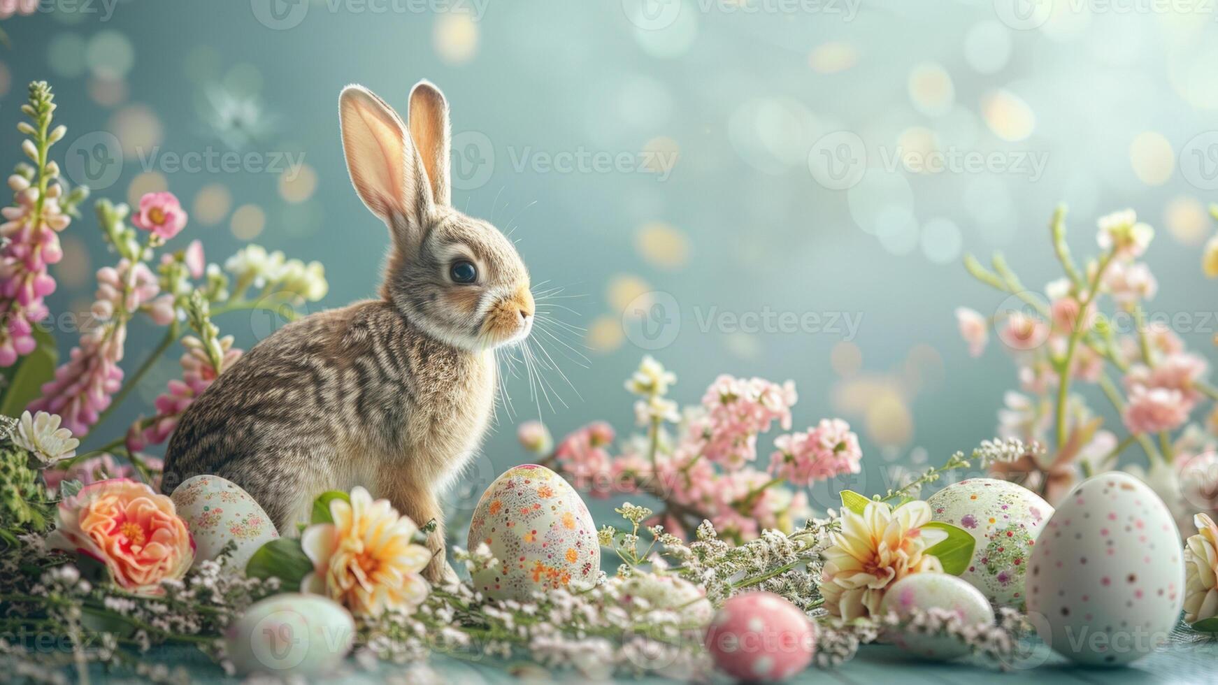 AI generated Wild Bunny with Decorated Easter Eggs and Blooms photo