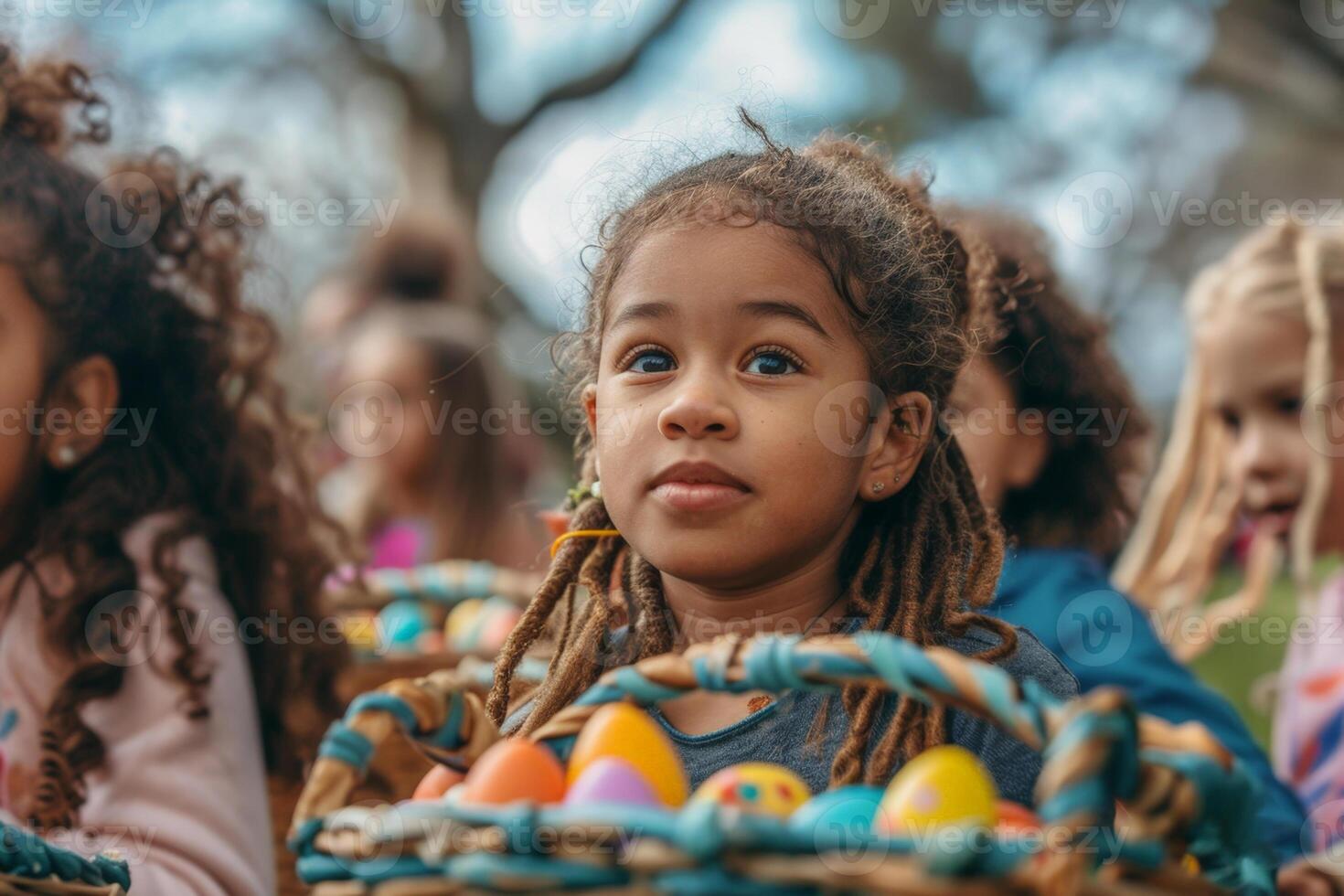 ai generado joven niña con Pascua de Resurrección huevos a fiesta evento foto