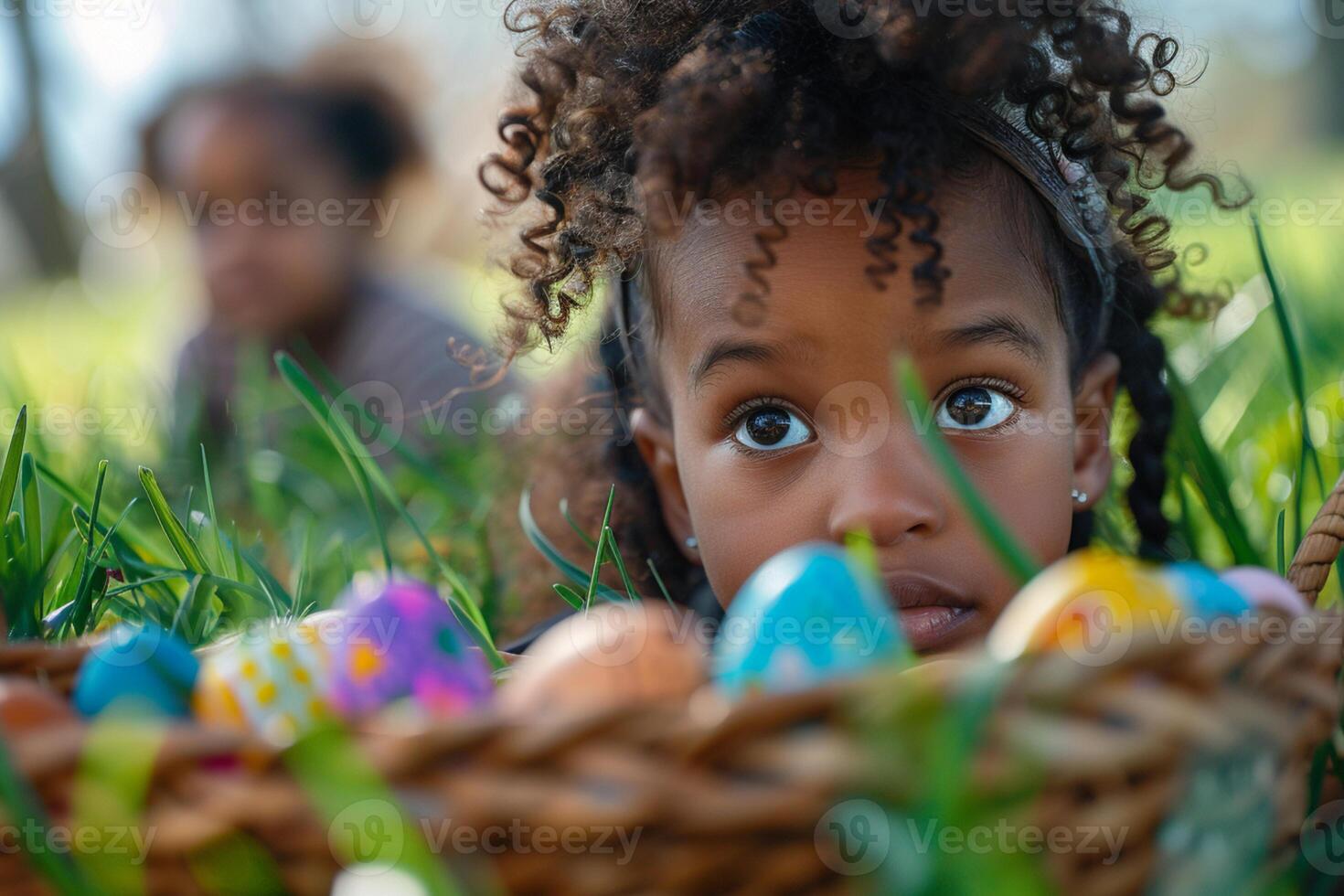 AI generated Curious Child Peeking Through Easter Egg Basket photo