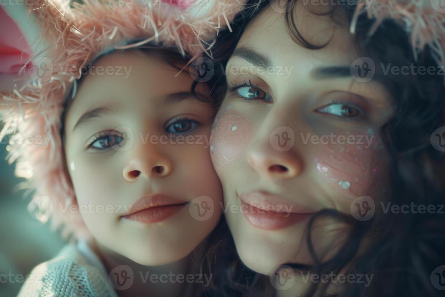 AI generated Mother and Daughter with Easter Bunny Ears and Glitter photo