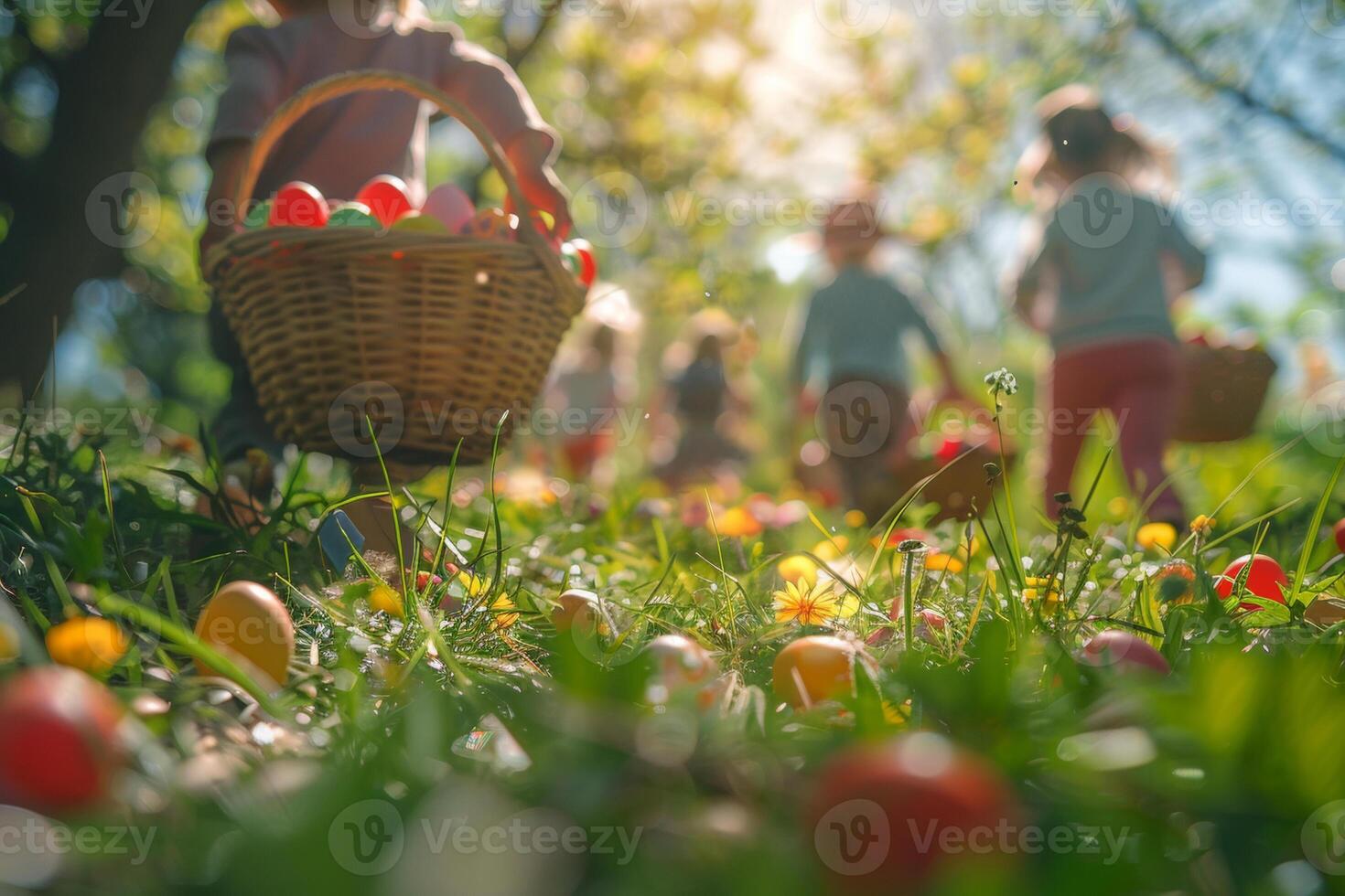 ai generado niños en un Pascua de Resurrección huevo cazar en soleado prado foto