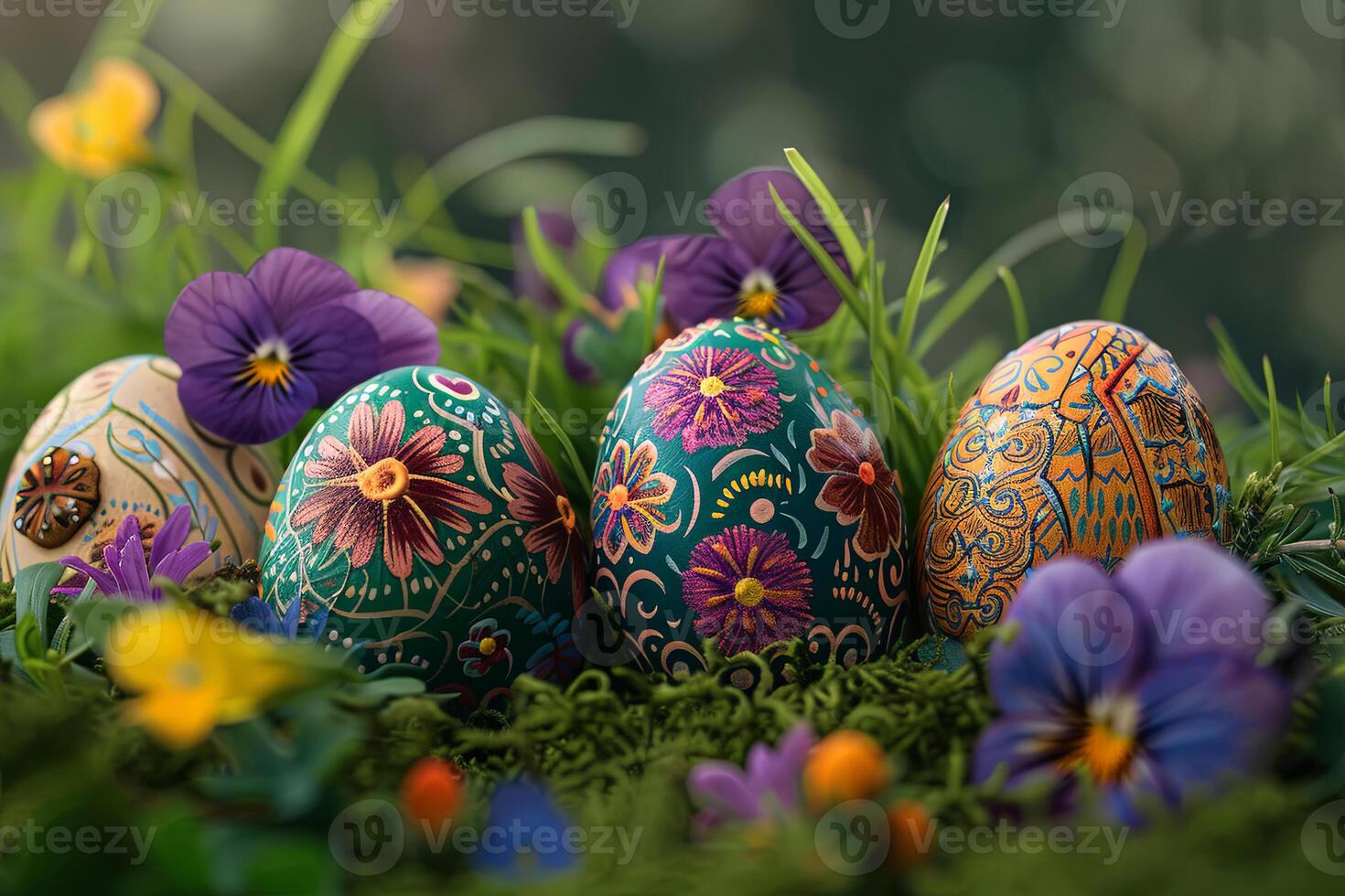 ai generado intrincadamente pintado Pascua de Resurrección huevos entre primavera flores foto