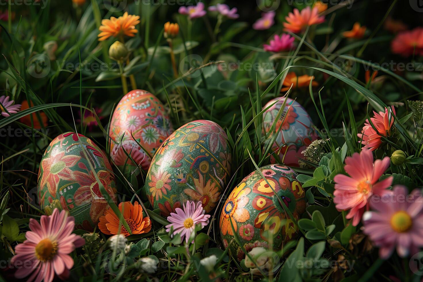 ai generado vibrante Pascua de Resurrección huevos metido en un floreciente primavera prado foto