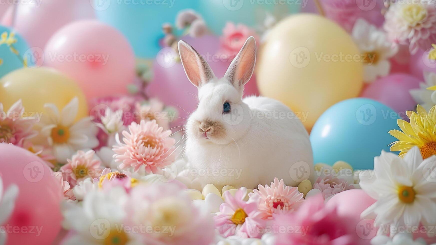 AI generated White Bunny Amidst a Delicate Floral and Balloon Arrangement photo
