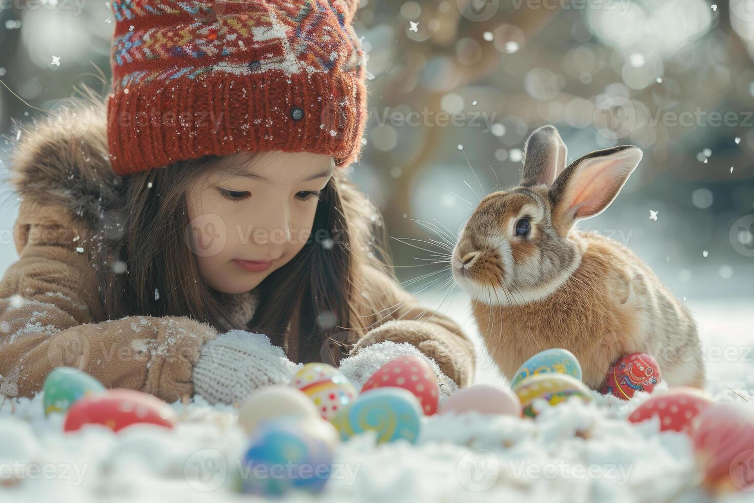 AI generated Intimate Moment Between Child and Rabbit in Winter photo
