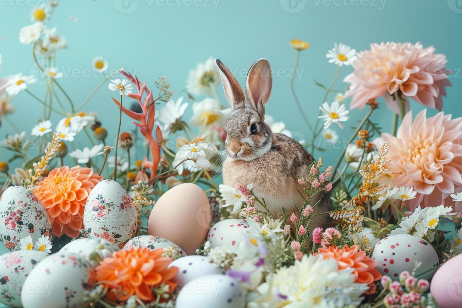 AI generated Easter Bunny with Colorful Eggs in a Floral Paradise photo