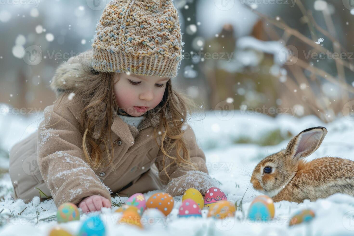 ai generado niño jugando con Pascua de Resurrección conejito en el nieve foto