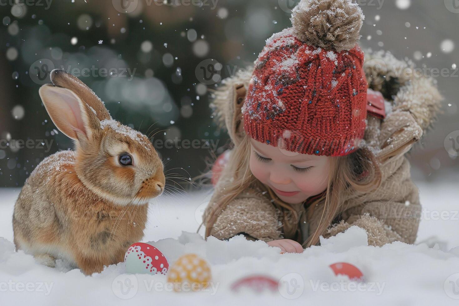 Winter Curiosity. Child Eyeing a Rabbit and Easter Eggs photo