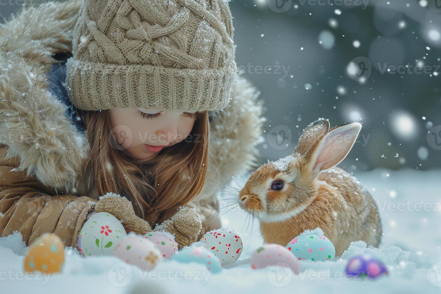 ai generado niño atractivo con un conejito en medio de nieve y Pascua de Resurrección huevos foto