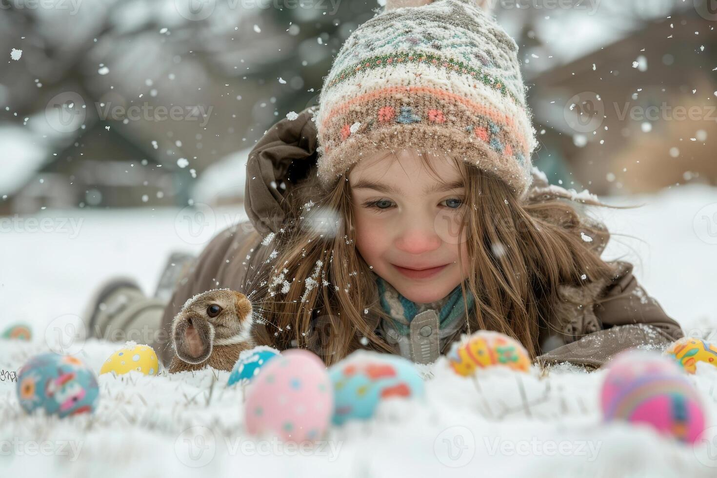 AI generated Child Admiring Rabbit in Snow with Easter Eggs photo