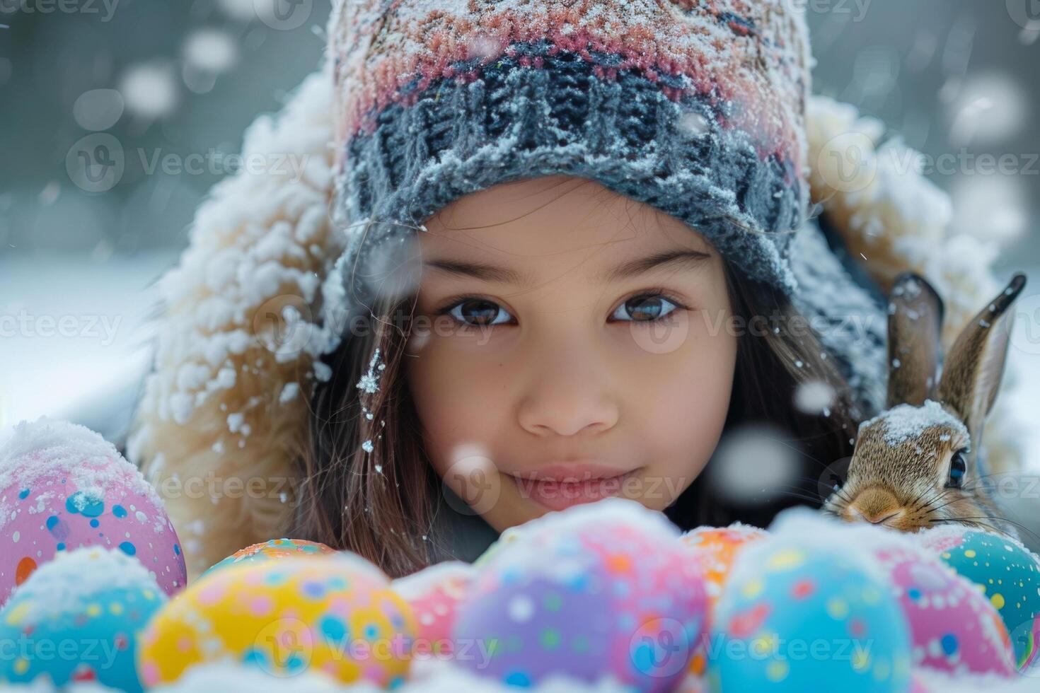 ai generado joven niña y Conejo con vistoso Pascua de Resurrección huevos en nieve foto