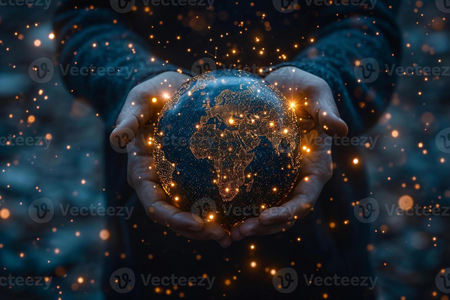 AI generated Hands Holding a Sparkling Globe in Dark Space photo