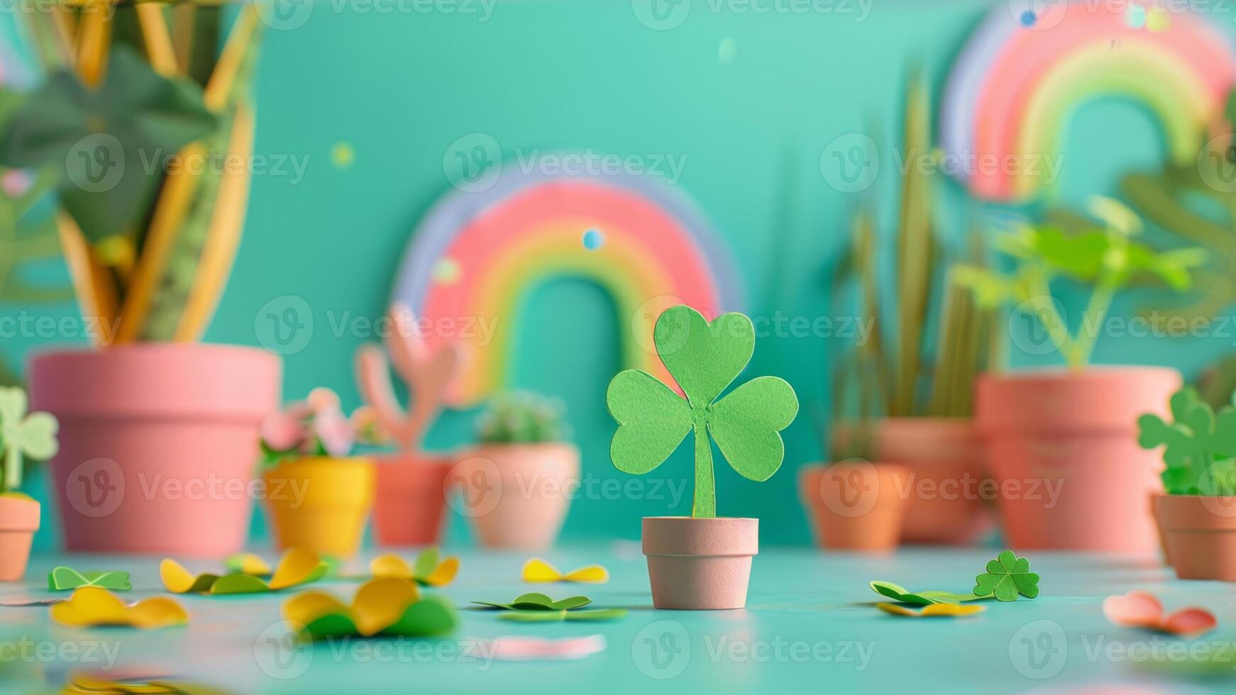 AI generated Paper Shamrock in Pot with Rainbow and Plants photo