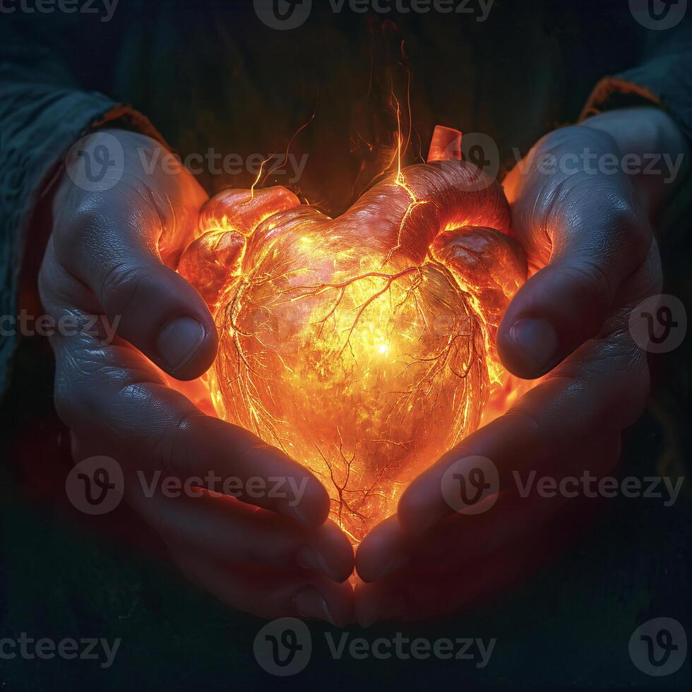 AI generated Hands Cradling a Fiery Glowing Heart Concept photo