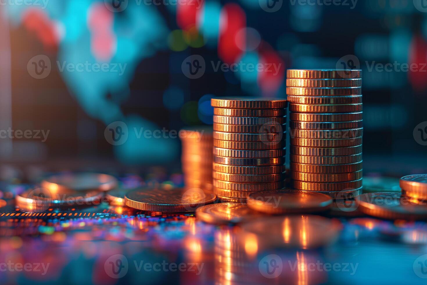 AI generated Stacked Coins Against Financial Data Background photo
