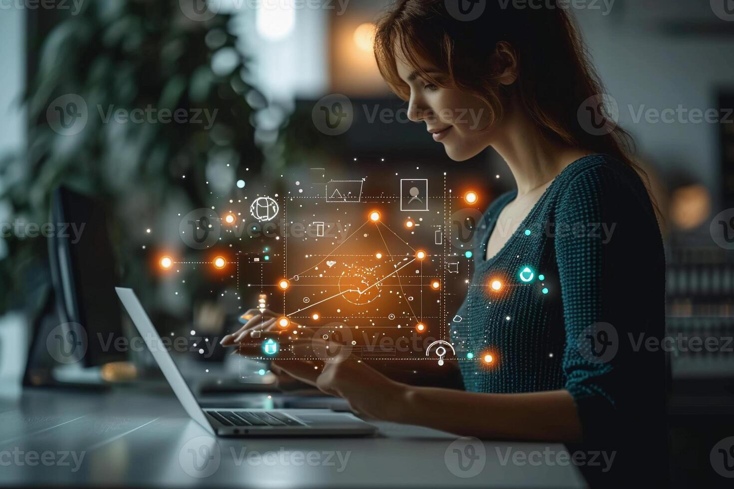 AI generated Woman Interacting with Advanced Data Analytics on Laptop photo