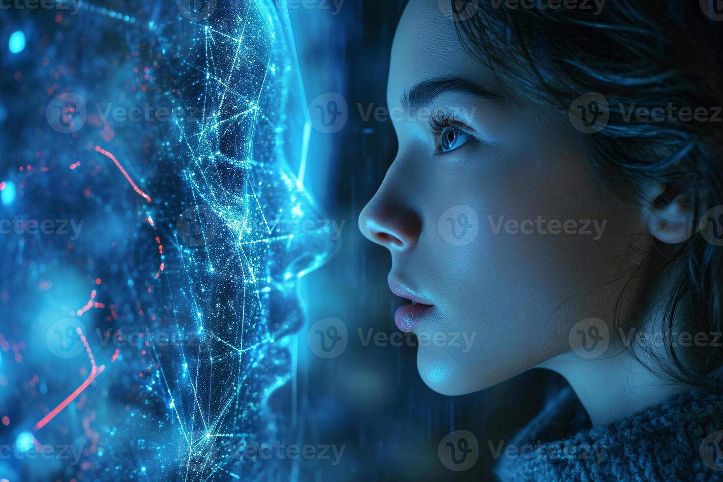 AI generated Young Woman Facing Digital Human Interface Concept photo