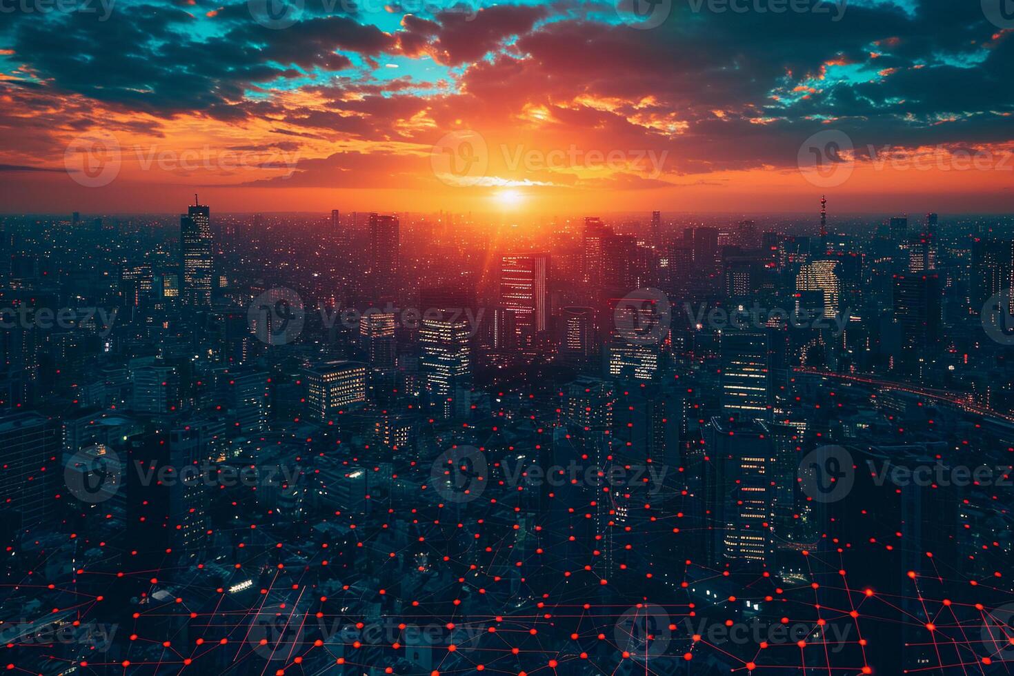AI generated Network Over City at Sunset, Connectivity Concept photo