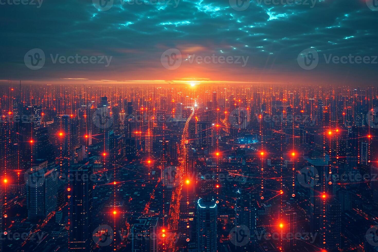 AI generated Futuristic Cityscape with Glowing Network Connections at Sunset photo