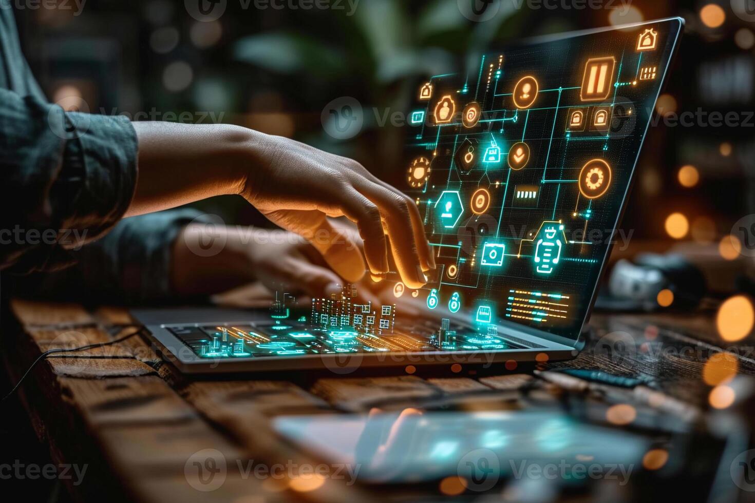 AI generated Futuristic Interface Interaction on Digital Laptop photo