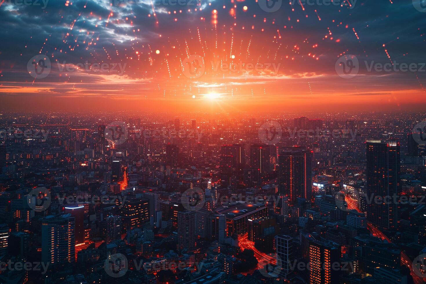 AI generated Sunset Cityscape with Glowing Digital Network Connections photo