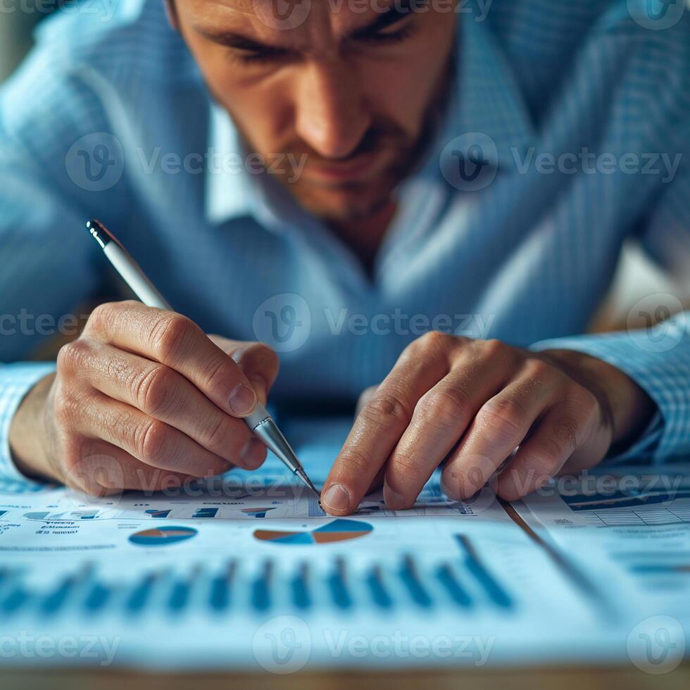 AI generated Focused Financial Expert Analyzing Statistical Business Reports photo