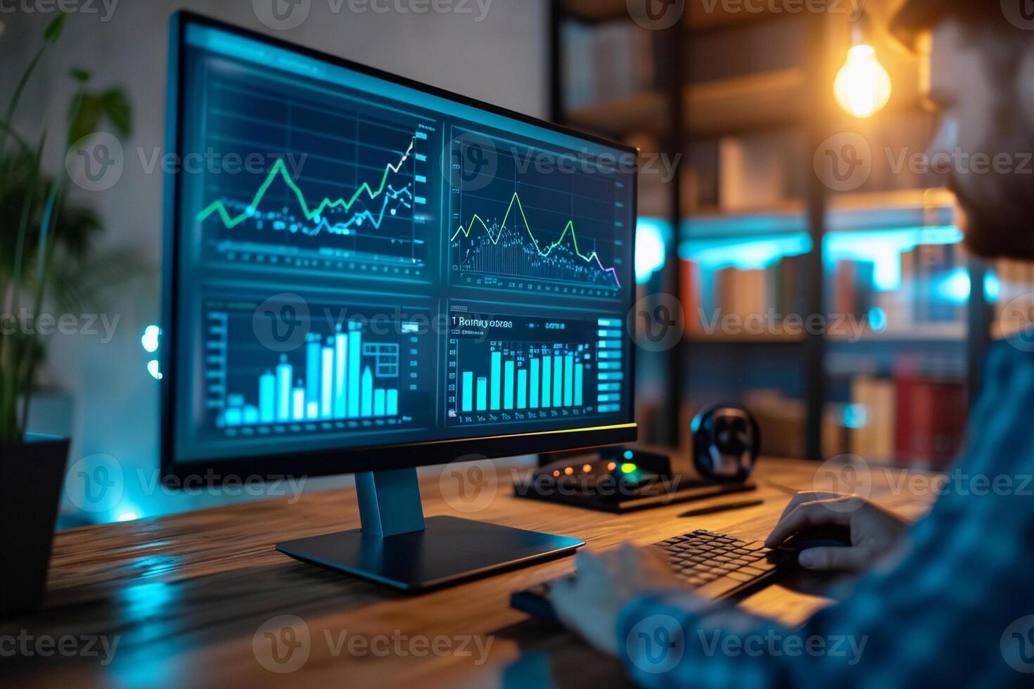 AI generated Focused Analyst Reviewing Financial Statistics on Computer photo