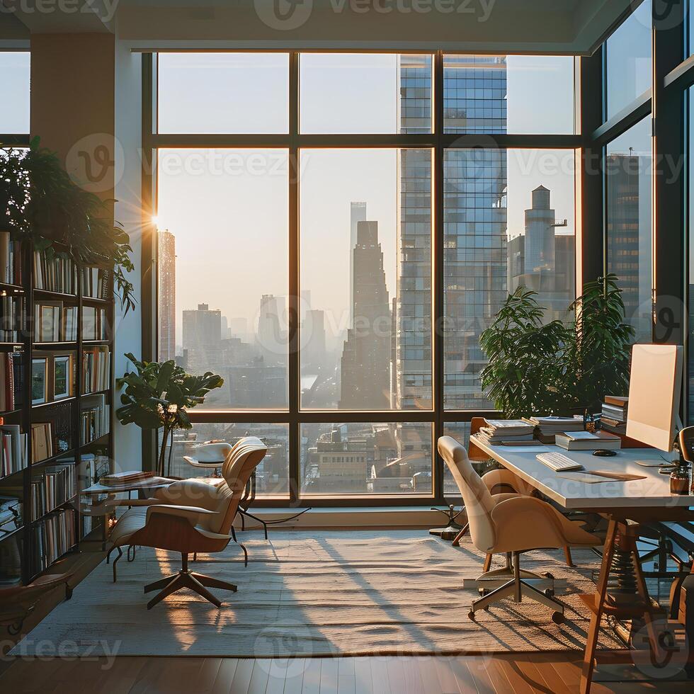 ai generado elegante hogar oficina con vista a urbano amanecer foto
